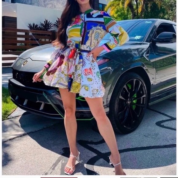 Zara Printed Mini Shirt Dress w/ Tie Belt in Multicolor Pattern - Picture 3 of 7